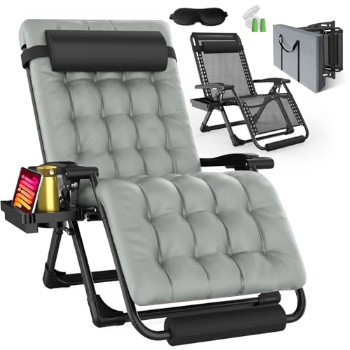 Oversized Zero Gravity Chair with Cushion XXL, 33In Padded Lounge Chair, Recliner Camping Chair W/Full-Alu Alloy Lock, Cushion, Storage Bag, Footrest, Cup Holder, Folding Chair Support 500lbs, Gray - color: 33in - Grey