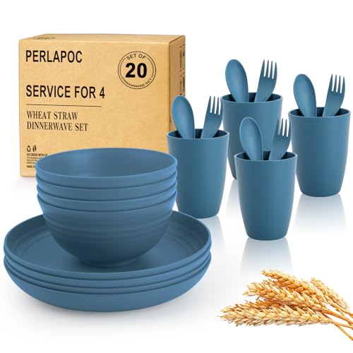 Wheat Straw Dinnerware Sets for 4, Reusable Plastic Dinner Plates, Unbreakable Kids Plates and Bowls Sets 20 PCS, Dishwasher & Microwave Safe Kitchen Camping Dorm Dish Sets- Blue - color: Blue, size: 20 PCS