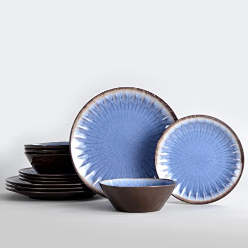 Melamine Dinnerware Sets 12 Pcs, Plates and Bowls Sets, Melamine Plates, Outdoor Dishes Sets, Unbreakable Dinnerware, Serving Dishes for Entertaining, Dishwasher Safe, BPA Free (Classic Blue) - color: Classic Blue