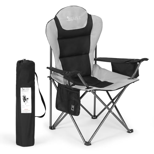 Seazul Camping Chairs for Adults, Camp Chair, Folding Chairs for Outside, Support 380 LBS, Portable Travel Lawn Outdoor Camping Chairs with Cup Holder & Cooler Bag, Sports Chairs for Baseball, Soccer - color: Black, size: 1 PC