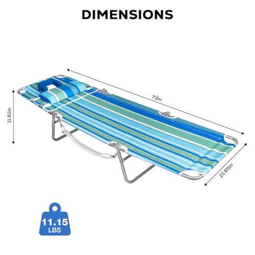 Romswi 2PK Folding Tanning Beach Chair with Face Hole, 5-Position Reclining Sun Lounger, Portable Face Down Tanning Chair with Arm Holes & Side Pocket for Beach, Pool, Patio, Teal and Aqua Stripe - color: Teal and Aqua Stripe, size: 2pcs