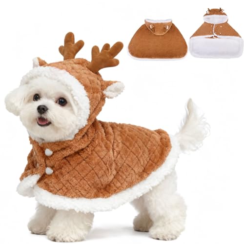 EXPAWLORER Dog Christmas Costume Winter Coat with Hat, Fleece Warm Elk Pet Cloak Cape Blanket with Antlers for Cold Weather, Thicken Dog Sweater Jacket Clothes for Small Medium Large Dogs Cats Brown L - color: Elk Brown, size: Large