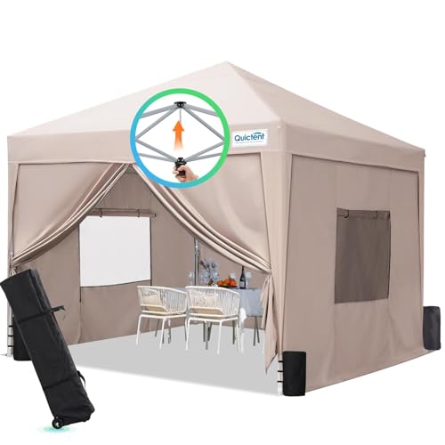 Quictent Privacy 8x8 Pop up Canopy Tent with Sidewalls and Roll-up Ventilated Windows, One Person Easy Setup, Outdoor Commercial Gazebo Shelter Enclosed Waterproof, Bonus 4 Sandbags - color: Tan, size: 8x8ft