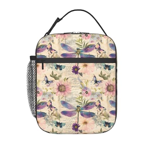 Reusable Dragonfly Retro Lunch Box for Kids Girls Boys Women Adult, Insulated Floral Butterfly Vintage Lunch Bag,Polyester Cooler Handbags Case for School Picnic Work Travel Beach or Hiking - color: Dragonfly