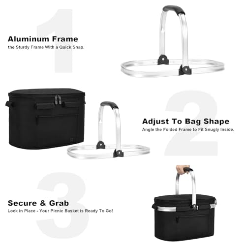 ALLCAMP Picnic Basket - Insulated Cooler, Thickening Foldable Picnic Basket with Removable Baskets & Sewn-in Frame, Basket for House Warming Gifts New Home(Jet Black) - color: Jet Black, size: Medium