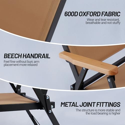 喜马拉雅 Lightweight Folding Camping Chair, Gravel Brown Aluminum Outdoor Beach Chair with Solid Wood Armrest, Portable Collapsible Fishing Chair for Hiking Beach Backpacking Lawn Picnic (2)
