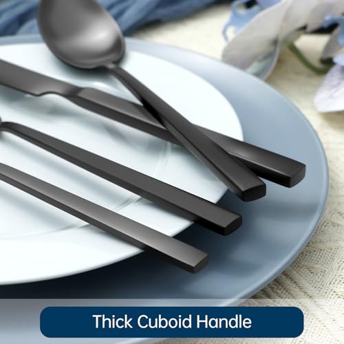 Silverware Set 40-Piece Hand Forged 18/10 Stainless Steel Black Cutlery, Matte Polished Cuboid Handle Flatware Sets, Service for 8 - color: Matte Black