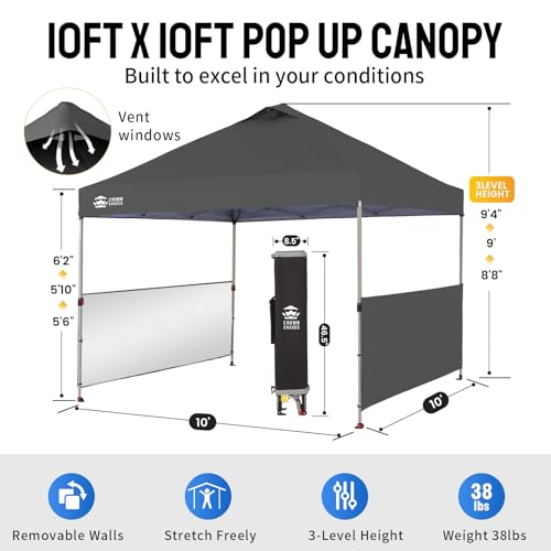 CROWN SHADES 10x10 Pop up Canopy Tent Instant Canopy with 150D Silver Coated Fabric Including 2 Half Sidewalls, 4 Ropes, 8 Stakes, 4 Weight Bags, STO 'N Go Bag, Grid Grey - color: Grid Gray