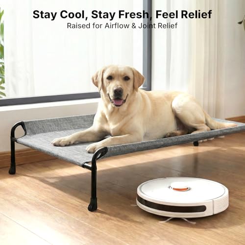 Veehoo Outdoor Dog Bed, Raised Dog Bed for Large Dogs, Elevated Dog Bed with Headrest, 47" Cooling Washable Pet Cot, Breathable Dog Hammock for Camping & Indoor, Non-Skid, Black Silver - color: Black Silver, size: 47.0"L x 29.0"W x 11.0"Th