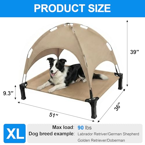Elevated Dog Bed with Canopy Raised Pet Cot for Large Dogs, Outdoor Dog Cot with Removable Sun Shade Tent, Breathable Mesh Portable Dogs Cot for Camping, Beach, Backyard, Outdoor Use - color: Beige, size: 51.0"L x 36"W x 39"H