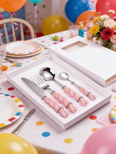Stainless Steel Flatware Set, 4-Piece Heavy Duty Cutlery Set with Dinner Knife, Fork & Spoons, Tableware Gift for Daily Use Wedding Housewarming Baby Shower Birthday Gifts(Pink) - color: Pink