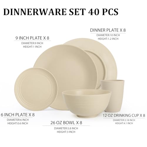 Dinnerware Sets 40 PCS Wheat Straw Plates and Bowls Sets With Cups Service for 8 Microwave Safe Dishes for Kitchen Lightweight Dish Set for RV Outdoor Activities Travel - Beige Colors - color: Beige, size: 40 PCS