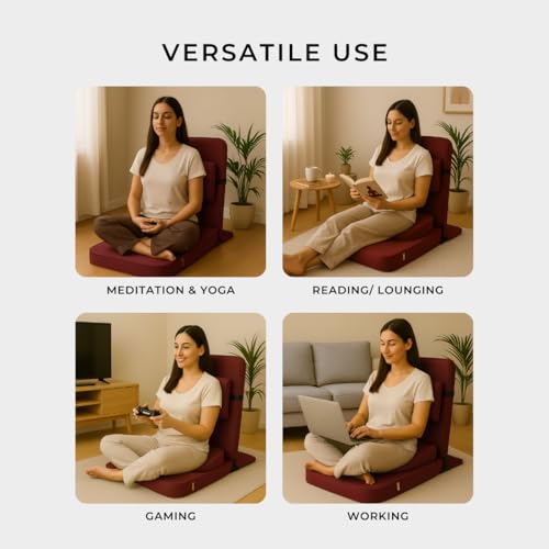 Friends of Meditation Relaxing Buddha Meditation Chair | Detachable Rectangular Back Support & Zafu Cushion | Portable Folding Chair | Floor Chair with Back Support | Yoga Chairs for Adults | Maroon - color: Maroon