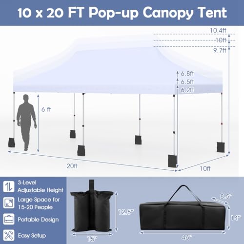 Tangkula 10x20 Ft Pop Up Canopy, Instant Setup Outdoor Tent with 6 Sand Bags, 12 Stakes & 6 Ropes, UPF 50+ Canopy Tent with Carrying Bag for Camp, Beach, Patio (White) - color: White, size: 10x20 Ft