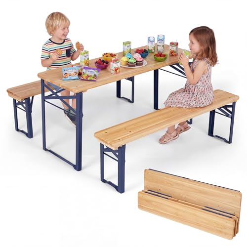 Costzon Kids Picnic Table, 43.5 Inch Folding Picnic Table with 2 Benches, Fir Wood Top & Metal Frame, No Assembly 3-Piece Portable Kids Indoor/Outdoor Furniture for Patio Backyard Daycare (Navy Blue) - color: Navy Blue