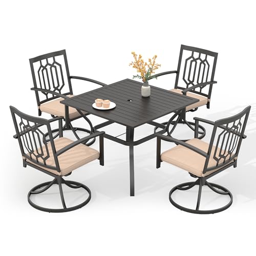 PHI VILLA 5 Pieces Outdoor Dining Set for 4, 37" Black Square Wrought Iron Table with Umbrella Hole & Metal Swivel Chairs with Cushions, Outside Furniture for Patio, Deck, Yard, Porch - color: Hexagon Back Swivel Chair, size: 5PCS-37" Steel Table