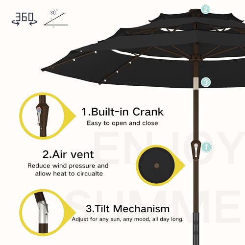 Kingdura 9ft 3-Tier Patio Umbrella with Solar Lights, Table Umbrella Outdoor Patio with Easy Crank & Tilt, 8 Sturdy Ribs, UV Protection, 32 LED Lights for Deck, Poolside, Market (Black) - color: Black-LED, size: 9 FT
