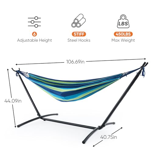 Sweetcrispy Double Hammock with Space Saving Steel Stand Heavy Duty 2 Person Standing Hammocks 450lb Capacity for Outside Garden Yard with Portable Carrying Bag, Blue