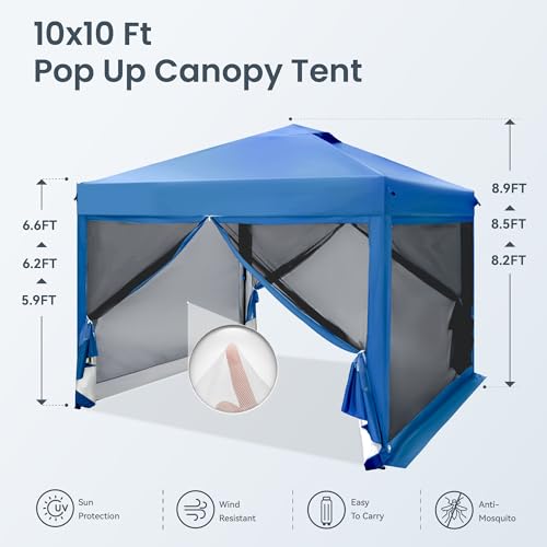 PHI VILLA 10 x 10 Pop Up Canopy Tent with Netting, Instant Gazebo, Ez up Screen House Room with Carry Bag, Height Adjustable, for Outdoor, Garden, Patio,Blue - color: Blue, size: 10x10 with Netting