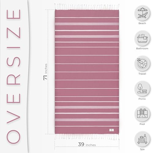 Ossano Turkish Beach Towel Soft & Drying Oversized (39" x 71") - Quick Dry, Versatile and Functional as Picnic, Travel and Beach Blanket, Yoga, Gym, Pool and Cruise Towels - Pink - color: Pink