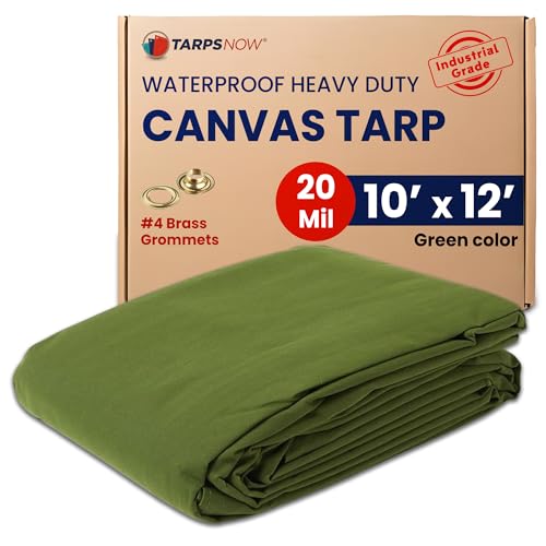 Tarps Now 10x12 ft Waterproof Canvas Tarp| 20 MIL Heavy Duty, Water Resistant, Tear Resistant, Reinforced Edges, Brass Grommets| Ideal for Construction, Trucking, Manufacturing, Camping – Olive Color - size: 10' x 12'