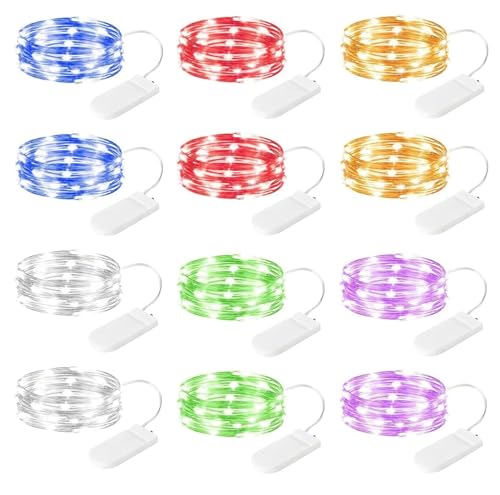 Brightown 12 Pack Multi Color Led Fairy Lights Battery Operated String Lights Waterproof Silver Wire 7 Feet 20 Led Firefly Starry Moon Lights for DIY Wedding Party Bedroom Patio Christmas - color: 6 Colors, size: 12 Pack