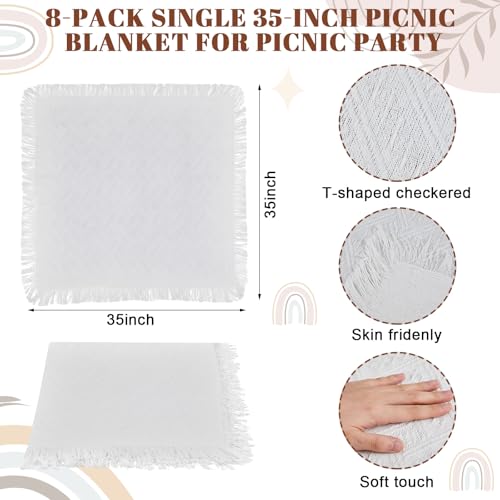 Hahafelt 8 Pcs Outdoor Picnic Blanket 35"x35" Boho Blanket Woven Cotton Yarn Portable Mat Plaid with Fringe Washable for Picnic Party Camping Beach Travel Lawn Indoor Bohemia Decor (White)