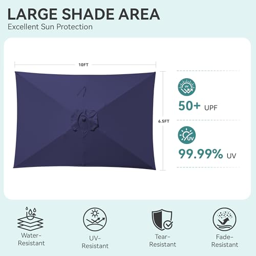 Rectangular Patio Umbrella, 6.5 x 10 ft Rectangle Table Umbrellas w/Heavy Duty Ribs, Effortless Crank and Push Button Tilt, Wind Resistant Sun Umbrella for Outdoor Patio, Navy Blue - color: Navy Blue