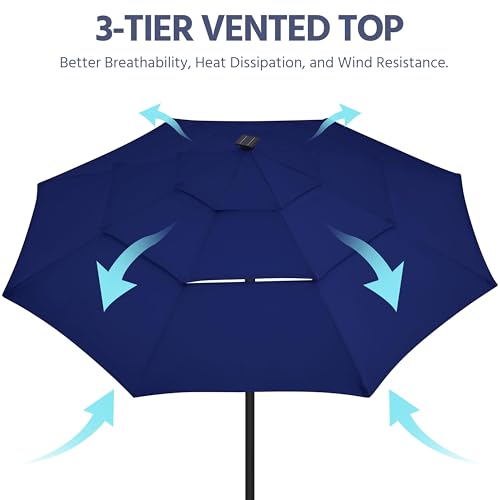 Yaheetech 10ft 3-Tier Solar Patio Umbrella, Outdoor Market Umbrella w/ 24 LED Lights, 8 Sturdy Ribs, Tilt Adjustment, Easy Crank for Garden, Deck, Navy Blue - color: Navy Blue