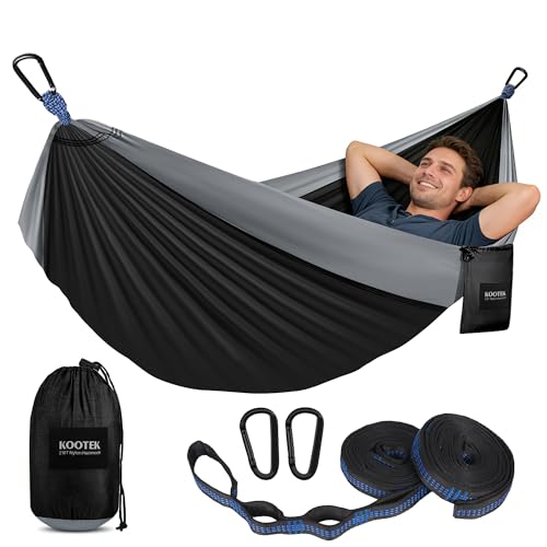 Kootek Camping Hammock, Portable Hammocks with Tree Straps & Attached Carry Bag, Camping Essentials Gear, Perfect for Outside Indoor Hiking Beach Backpack Travel - color: Black & Grey, size: Medium