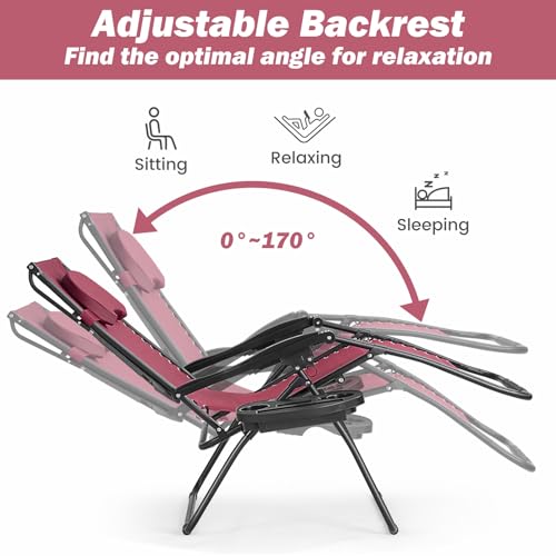 Goplus Zero Gravity Chairs, X-Large Folding Lounge Lawn Chair w/Canopy Shade & Cup Holder, Adjustable Folding Patio Recliner for Pool Porch Deck Oversize (Wine) - color: Wine Zero Gravity Chair