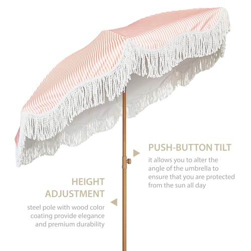 AMMSUN Boho Fringe Umbrella Outdoor Patio, 6.5ft UPF50+ Picnic Umbrella with Tassels with Steel Pole and Push Button Tilt, Pink Stripe - color: Pink Stripe