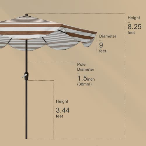 Tempera 9ft Auto Tilt Scalloped Patio Umbrellas Outdoor Table Umbrellas with Fade Resistant Canopy, 8 Sturdy Rids, Luxurious Vintage Umbrellas for Lawn, Pool, Deck, Balcony - color: Beige Khaki Stripe, size: 9 FT