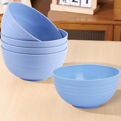 Unbreakable Wheat Straw Cereal Bowls Set of 4, 24 OZ Microwave and Dishwasher Safe Lightweight Soup and Salad Bowl Sets, Reusable Dessert Bowls for Rice, Pasta, Snack, Fruit, BPA Free (Blue) - color: Blue