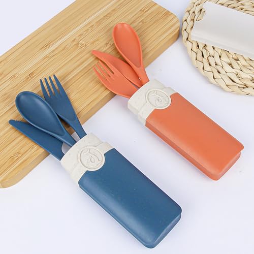 JEPELUS 2 Pcs Travel Utensils with Case, Portable Cutlery Set, Reusable Fork Spoon Knife with Case Flatware for Work Travel Picnic Camping Office School or Daily Use (Blue, Orange)