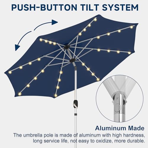 9FT Aluminum Patio Umbrella with 40-LED Solar Lighted, Fade-Resistant Outdoor Market Table Umbrella with Push Button Tilt Function, 8 Sturdy All-Aluminum Ribs for Gardens, Decks, Backyards & Pools - color: Navy Blue, size: 9FT 40LED-1Tier (Aluminum Umbrel