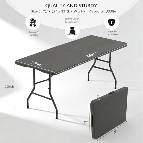 6FT Heavy Duty Folding Table,Fold-in-Half Portable Plastic Table with Carry Handle, Rattan-Pattern HDPE Tabletop,Indoor Outdoor Utility Table for Watch Party,Tailgate,BBQ,Events, Backyard Dining–Brown - color: Brown-rattan, size: 6FT