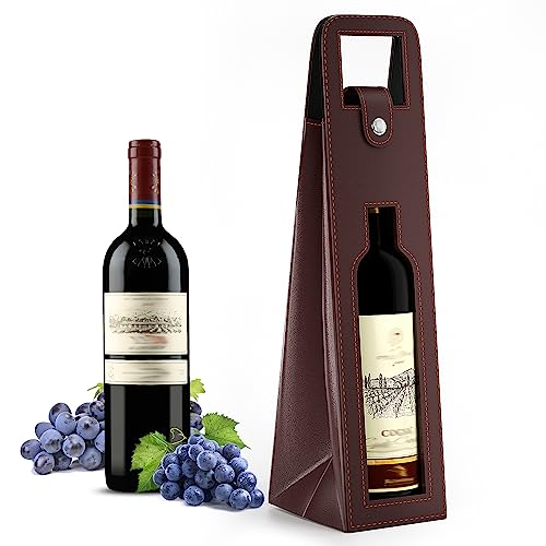 RYDDOY Wine Gift Bag, Reusable Leather Wine Tote Carrier, Single Bottle Champagne Beer Gift Bags Carrier for Birthday, Wedding, Picnic Party, Christmas festival Gifts (Brown) - color: B-Brown-16.1×3.5×3.5