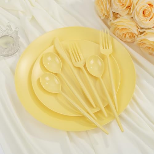 ejonirinjonir EI 150pcs Yellow Plastic Plates,Heavy Duty Bright Disposable Plate,Fancy Plastic Plates for Party,Yellow Dishes for Wedding,Easter,Afternoon Tea Party,Spring - color: Yellow Frosted Plastic Plates