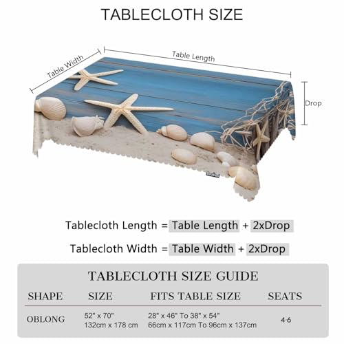52x70 Inch Tablecloth Starfish Seashell, Beach Seashells Fishnet Rustic Wood Non-Fading Table Covers Kitchen Dinning Tabletop Decoration, Washable Table Cloth for Outdoor and Indoor Use - color: Starfish Seashell