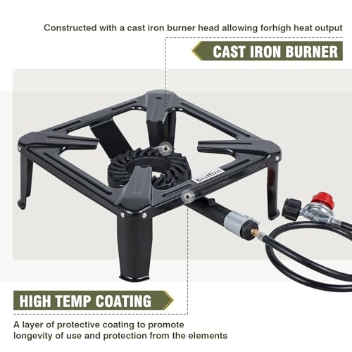 Bestfire High Pressure Propane Burner, 260000 BTU Single Propane Stove with 4.1ft 0-20Psi Adjustable Hose with Regulator, 16" Square Steel Cooktop for Camping - color: 16" propane burner