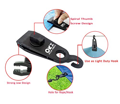 ORXPLUS TOOLS 4pcs Thumb Screw Tarp Clips with Hook, Tent Clamps, Awning Clamp Set for Camping Canopies, Car Cover, Winter Boat, Pool, Sun Shade - size: Tarp Clips with Hook & 1 Eyelet 4pcs