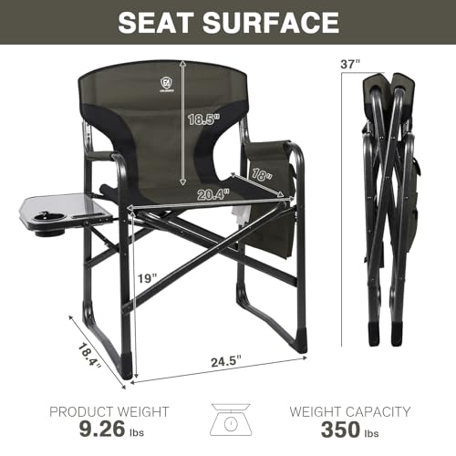EVER ADVANCED Aluminum Lightweight Folding Director Chair, 350lbs Heavy Duty Camping Chair with Side Table & Storage, 19" Joint-Friendly Height Easy to Stand, Portable Makeup Artist & Vendor Chair - color: Dark Green, style: 2 Pack