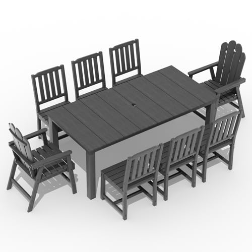 9-Piece Patio Dining Set, Outdoor Dining Set for 8, HDPE All-Weather Outdoor Furniture with 75.20” Umbrella Hole Table, 2 Armchairs & 6 Armless Chairs, Gray - color: Grey, size: 2 Armchairs & 6 Armless Chairs