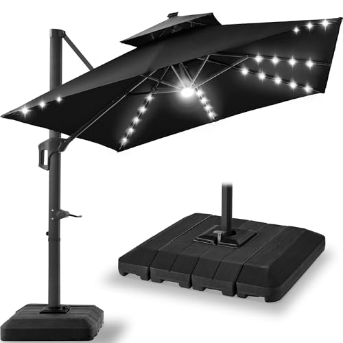 Best Choice Products 9x12ft LED Cantilever Patio Umbrella w/Base Included & 360° Rotation, Large Solar Offset Hanging Outdoor Sun Shade for Deck, Backyard Table w/Stand & Lights – Black - color: Black, size: 9x12ft