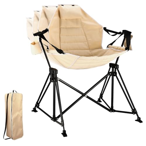 Hammock Camping Chair Folding 350lbs Foldable Portable Rocking Chairs for Adults Outside Swinging Camp with Stand Lawn Garden Hanging Outdoor - color: Beige