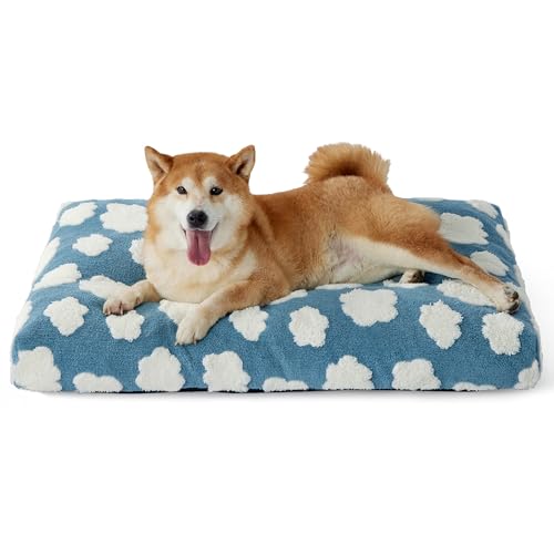 LE SURE Cute Large Dog Bed for Crate-Thick Shredded Chopped Foam Pet Bed Indoor with Removable Washable Cover, Modern Fuzzy Plush & Anti Slip Bottom, Blue - color: Blue, size: 35.0"L x 22.0"W x 4.0"Th