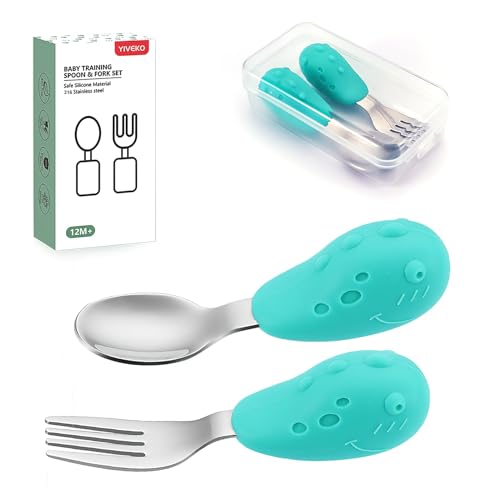Baby Fork and Spoon Set with Carry Case Baby Training Utensils Self Feeding Toddler Silverware Silicone and Stainless Steel Kids and Toddler Utensil Set-Dinosaur - color: Dinosaur