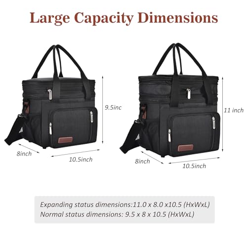 Lunch Box & Lunch Bag for Men Women, Large Insulated Adult Lunch Box Leakproof Lunchbox Cooler Bag for Work Picnic Beach,16L, Black - color: Midnight Black