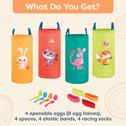 B. toys – 3 Outdoor Games for Kids – Racing Sacks & 3 – Legged Race Bands – Egg – and – Spoon Game – Birthday Party Games – 5 Years + – Outdoor Games Galore - style: Outdoor Racing Games